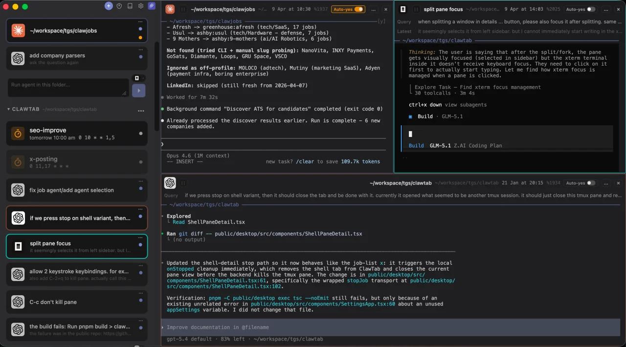 ClawTab: Agent sessions in the desktop app