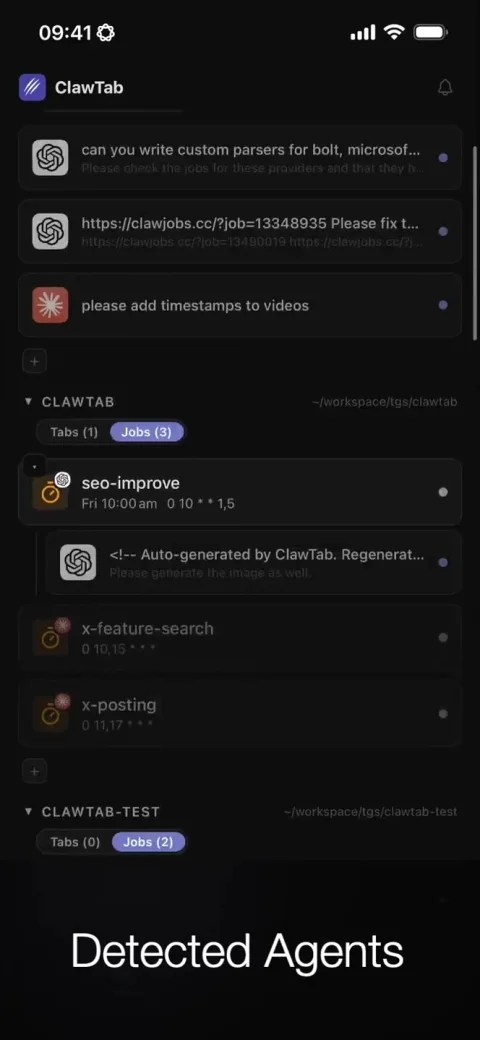 ClawTab Remote on a phone, showing detected agents and scheduled jobs