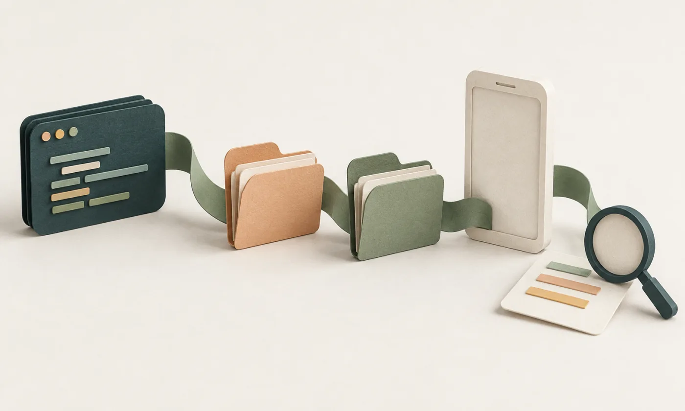 A continuous folded paper ribbon connects task cards, separate folders, a phone frame, and a magnifying lens on an ivory background.