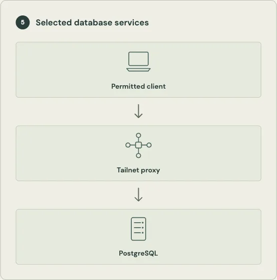 Arrows connect a permitted client through a Tailscale proxy to PostgreSQL.