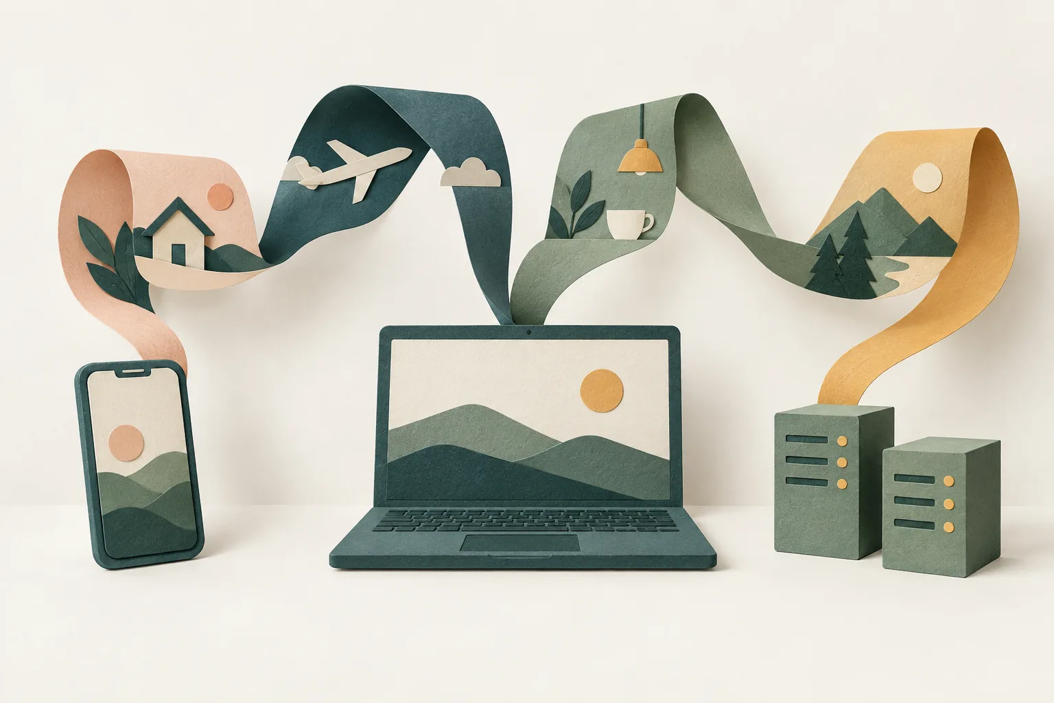 A paper phone, laptop, and servers connected by separate folded ribbons on an ivory background.