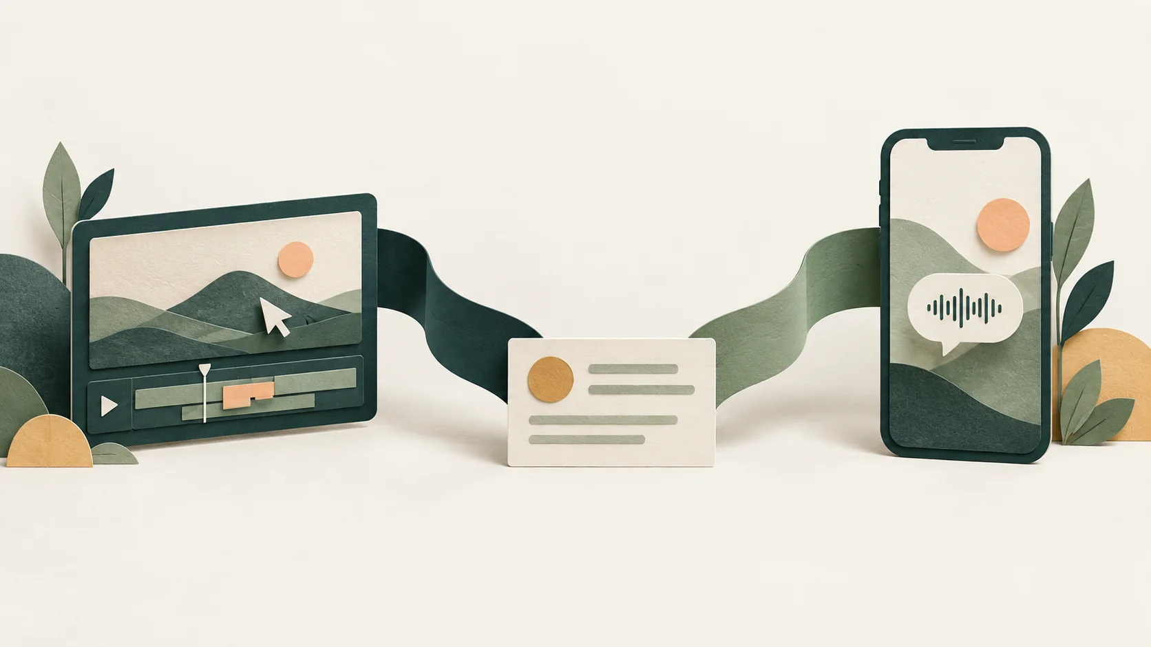 A paper project card branches toward a landscape video editor and a vertical phone video.